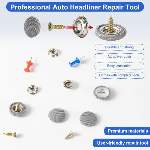 Universal Car Headliner Repair Kit With Durable Ceiling Rivets For Sagging Interior, Easy Do It Yourself Install, Fits Most Cars, Premium Snap Pins For Quick Fixes, Great For DIY Enthusiasts, Grey