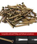 Heavy Duty Chicago Binding Screws Featuring Phillips Head Nuts For Rock Solid Leather Crafting And Scrapbooks Hella Simple Quick Swap Bronze Steel Posts Great For Diy Makers Looking For Snappy Reliable Fasteners In A 50 Piece Lot, showing a pile of bronze screws.