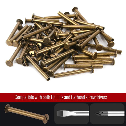 Heavy Duty Chicago Binding Screws Featuring Phillips Head Nuts For Rock Solid Leather Crafting And Scrapbooks Hella Simple Quick Swap Bronze Steel Posts Great For Diy Makers Looking For Snappy Reliable Fasteners In A 50 Piece Lot, showing a pile of bronze screws.