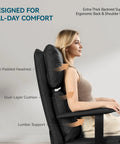 Woman sitting on Ergonomic Leather Office Chair With Adjustable Headrest And Footrest, 170 Degree Zero Gravity Recline, Black