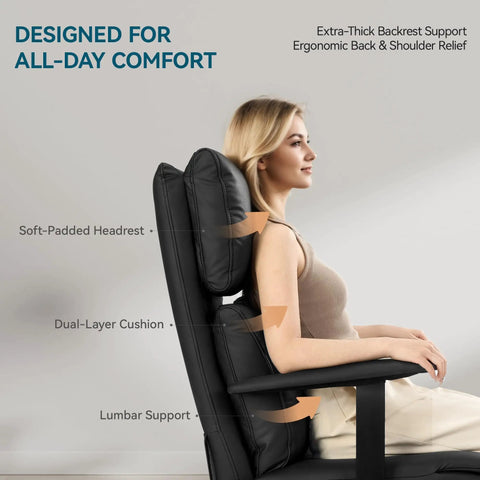 Woman sitting on Ergonomic Leather Office Chair With Adjustable Headrest And Footrest, 170 Degree Zero Gravity Recline, Black