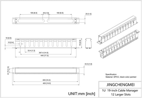 2 Pack All Metal 1U Horizontal Rack Mount Cable Manager With 12 Big Finger Slots For 19 Inch Server Racks technical drawing