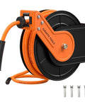 Retractable Air Hose Reel With 50 Foot Three Eighths Inch Hybrid Hose, Heavy Duty Steel Auto Rewind, 300 PSI, Wall Mount, Solid Brass Fittings