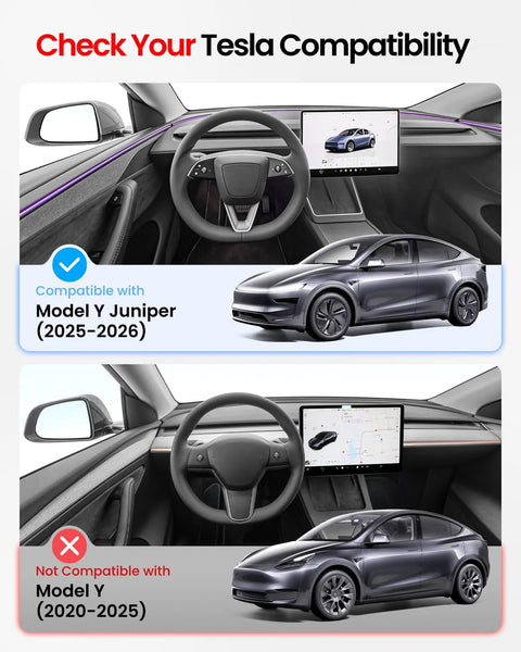 REEVAA Model Y Juniper sunshade (gray) for Tesla, 2-pack; 2-panel image shows compatible (top) vs not compatible.