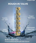 Premium Stainless Steel Ceiling Mount Top Tier Overhead Shower System Featuring Vibrant Led Mood Lights And Integrated Bluetooth Speaker For A Smooth Game Changing Chill Experience In Brushed Gold Finish with rough-in valve and copper body.