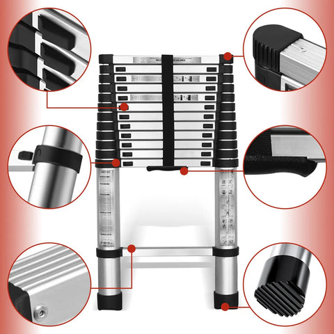 14.5Ft Aluminum Telescoping Ladder Collapsible And Retractable Extension And For Home And Outdoor Projects, Lightweight Portable Build With 330 Lbs Capacity, Grab And Go Easy Carry Handle, Anti Slip Rungs, Durable Safety Design. Aluminum telescoping ladder folded with anti-slip rungs and locking hinges.