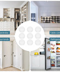 Transparent Door Stop Set With 9 Self-Adhesive Bumpers, 50x15 Mm Clear Gel Wall Protectors shown in wardrobe, kitchen, door, fridge.