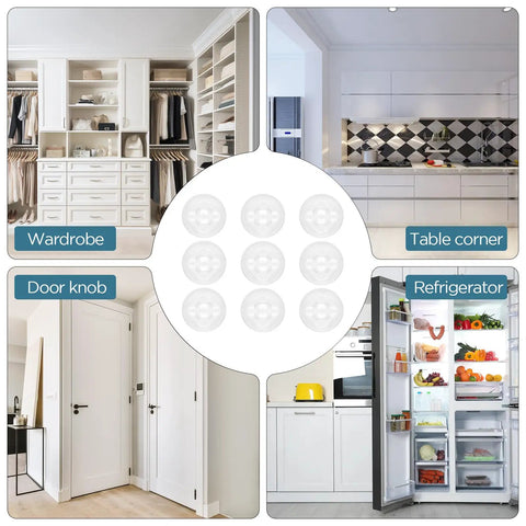 Transparent Door Stop Set With 9 Self-Adhesive Bumpers, 50x15 Mm Clear Gel Wall Protectors shown in wardrobe, kitchen, door, fridge.
