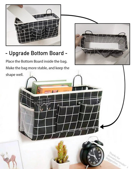 3 Piece Large Wall Hanging Organizer Set with linen fabric baskets shown installed on wall with books and accessories.