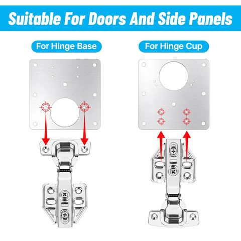 Stainless Steel Cabinet Door Hinges Kit with Soft Close Hinges, 112-piece DIY Repair Set showing hinge base and cup plates.