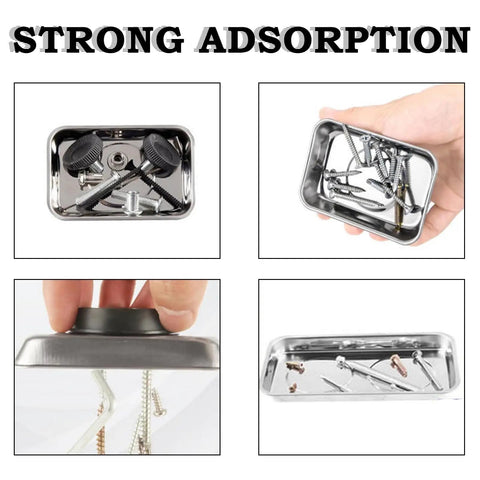 10 Piece Magnetic Tray Set For Tools And Tiny Parts, Stainless Steel Magnetic Trays holding screws and bolts shown from various angles