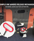 Heavy Duty Trailer Hitch Pin Three Eighths Inch By Four Inch With R Clip For Lawn Mower Tractor And Trailer Red Durable Steel Pin Built To Last With Comfortable Coated Handle, red hitch pin installed on tractor trailer hitch