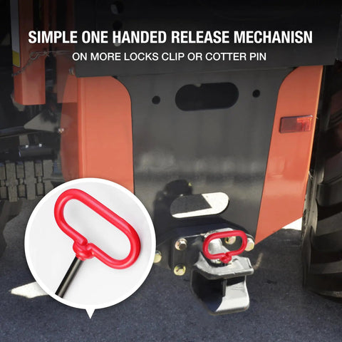 Heavy Duty Trailer Hitch Pin Three Eighths Inch By Four Inch With R Clip For Lawn Mower Tractor And Trailer Red Durable Steel Pin Built To Last With Comfortable Coated Handle, red hitch pin installed on tractor trailer hitch