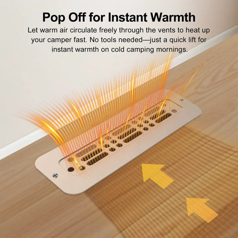 RV Floor Vent Cover 2x10 Inch With Removable Magnetic Lid shown releasing warm air, anti rattle debris proof design for motorhomes