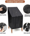 Black outdoor chair cover, showing waterproof Oxford fabric, padded handles, buckle and click-close straps, fits 4 to 6 stackable chairs.