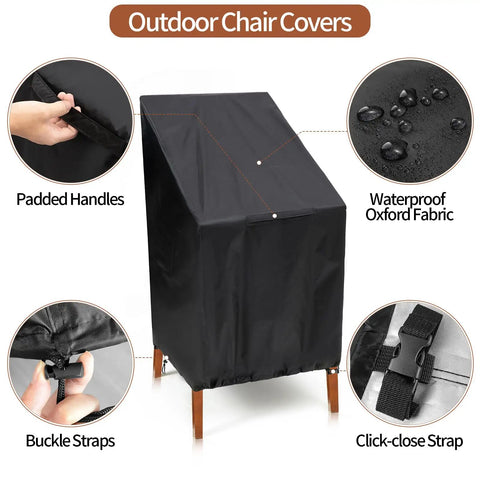 Black outdoor chair cover, showing waterproof Oxford fabric, padded handles, buckle and click-close straps, fits 4 to 6 stackable chairs.