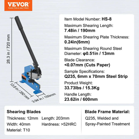 8 Inch Hand Plate Shear With Long Handle For Metal Cutting Up To One Quarter Inch Sheet Steel Benchtop specifications
