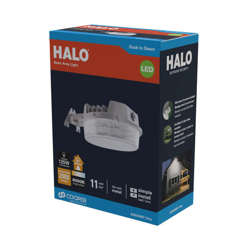 Product box of Outdoor Dusk To Dawn LED Security Area Light 2000 Lumens Wall Or Pole Mount Textured Gray Weatherproof