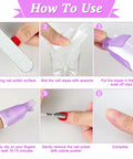 Steps showing how to use Lint Free Nail Wipes And Gel Polish Remover Pads Set With Cuticle Pushers for nail care