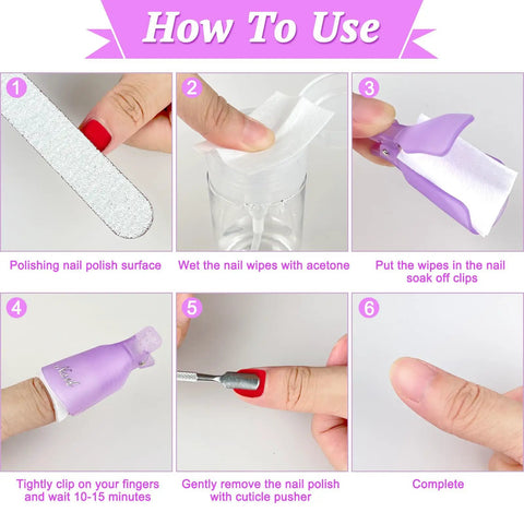 Steps showing how to use Lint Free Nail Wipes And Gel Polish Remover Pads Set With Cuticle Pushers for nail care