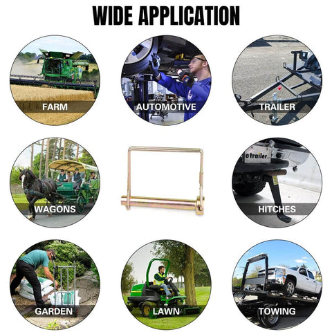 8 applications including farm, automotive, trailer, hitches, wagons, garden, lawn, towing with central hitch pin image