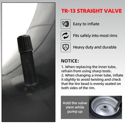 Close-up of TR-13 straight valve stem on Heavy-Duty 15x6.00-6 Inner Tube for ATV UTVs Lawn Mowers Golf Carts.