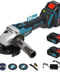 Cordless 20V Angle Grinder Kit Heavy Duty With Four Inch And Four And A Half Inch Discs Brushless Motor Delivers Up To Eight Thousand Five Hundred RPM Four Speed Settings For Cutting Grinding Sharpening And Rust Removal Includes Two Batteries, shown with accessories.