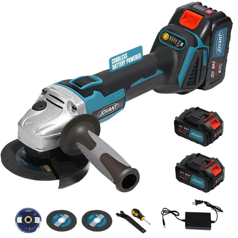 Cordless 20V Angle Grinder Kit Heavy Duty With Four Inch And Four And A Half Inch Discs Brushless Motor Delivers Up To Eight Thousand Five Hundred RPM Four Speed Settings For Cutting Grinding Sharpening And Rust Removal Includes Two Batteries, shown with accessories.