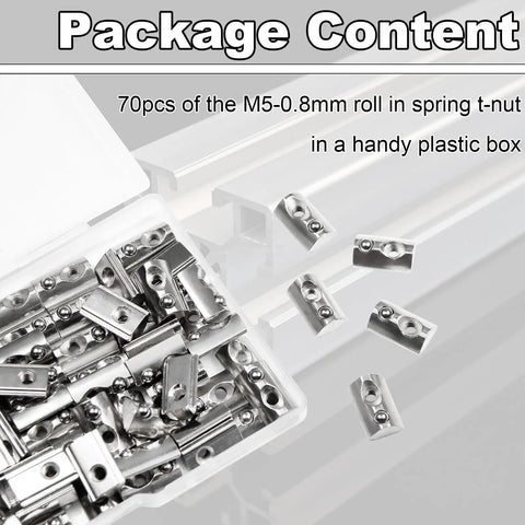 M5 Spring Loaded T Nut 70 pcs M5x0.8mm Half Round Roll In T Nuts Carbon Steel Nickel Plated for 20x20 Aluminum Extrusions in box