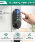 Slick Smart Deadbolt Lock With Keypad And Ai Fingerprint Scanner For Keyless Entry Door featuring a finger on sensor with blue light.