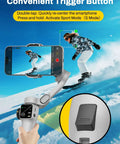 Person using 3 Axis Smartphone Gimbal Stabilizer For iPhone And Android With Bluetooth Remote Control Built In 7.8 Inch Extendable Rod Face Tracking Smooth Cinematic Video For Vlogging And Travel Smart V8 Kit White, showcasing trigger button functionality