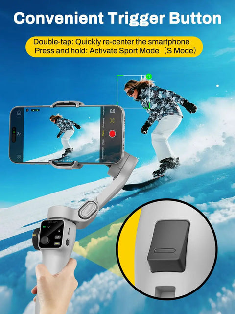 Person using 3 Axis Smartphone Gimbal Stabilizer For iPhone And Android With Bluetooth Remote Control Built In 7.8 Inch Extendable Rod Face Tracking Smooth Cinematic Video For Vlogging And Travel Smart V8 Kit White, showcasing trigger button functionality