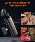 Air SE Wireless Mini Mic For iPhone And Android With AI Noise Cancellation, shown clipped and handheld, USB-C receiver.