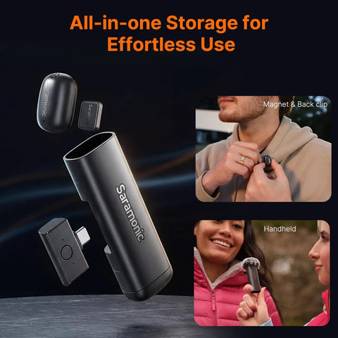 Air SE Wireless Mini Mic For iPhone And Android With AI Noise Cancellation, shown clipped and handheld, USB-C receiver.