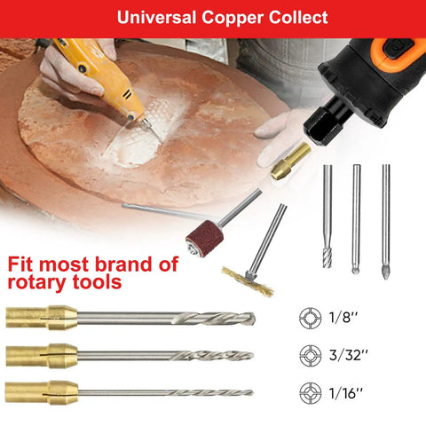 Universal Copper Collect rotary tool accessories showcasing drill bits, sanding drum, and wire brush for DIY projects.