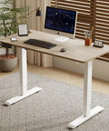 Top Shelf 55X24 Electric Standing Desk Height Adjustable Home Office Workstation with oak surface and white legs in modern setup.