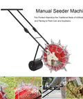Hand Push Garden Seeder With Roller Seed Planter and Fertilizer Applicator, Semi Automatic Seed Drill displayed on white background