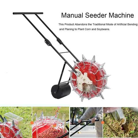 Hand Push Garden Seeder With Roller Seed Planter and Fertilizer Applicator, Semi Automatic Seed Drill displayed on white background