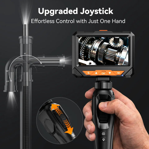 Two-Way 210° Articulating Borescope With 4.3 Inch 1080P Endoscope Camera And LED Light For Quick Engine And HVAC Inspections Pro-Grade Flexible Probe Crystal Clear Real-Time Views For Easy Troubleshooting showing handheld joystick control