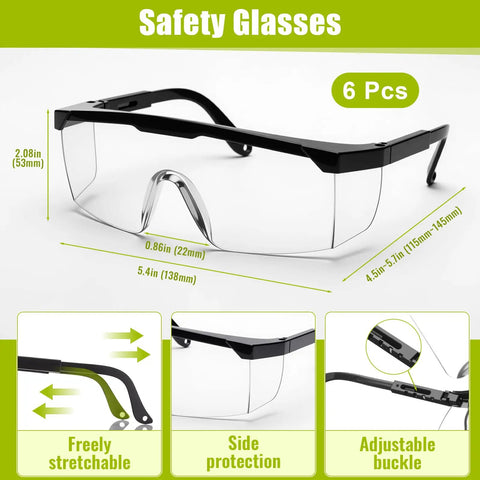 Eighteen Piece Squad Ready Construction Safety Bundle With White Cap Style Hard Hats Neon Hi Viz Vests Adjustable Clear Safety Glasses No Fuss Ppe Bulk Pack For Serious Job Site Hustle - 6 pack clear impact safety glasses with adjustable sides.