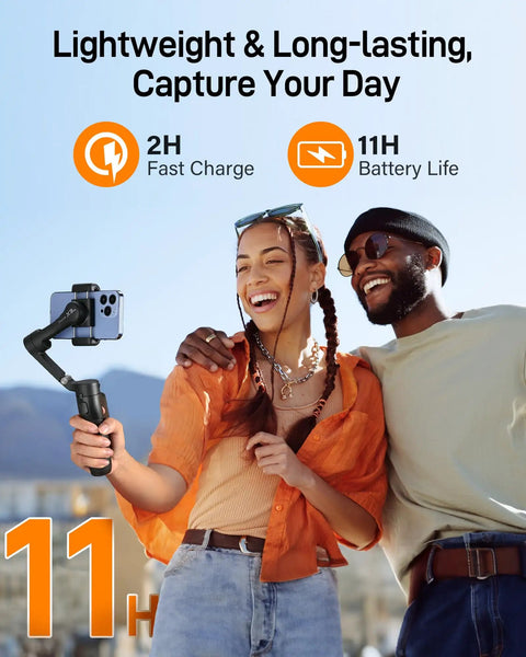 Couple using Compact 3 Axis Phone Gimbal With Detachable Magnetic Remote for vlogging outdoors, highlighting 11h battery life.