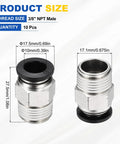 10 Pack Push To Connect Pneumatic Fittings Three Eighths NPT Straight Male Adapter Nickel Plated Brass For 0.39 In OD Tubing