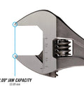 Close-up of Heavy Duty 18 Inch Adjustable Wrench with wide jaw capacity showing inch and millimeter scales for precise measurement.