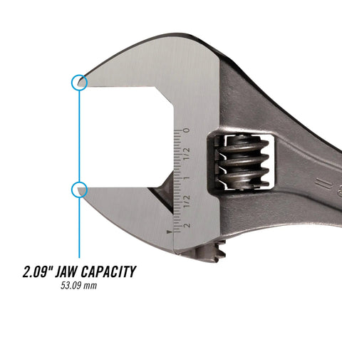 Close-up of Heavy Duty 18 Inch Adjustable Wrench with wide jaw capacity showing inch and millimeter scales for precise measurement.