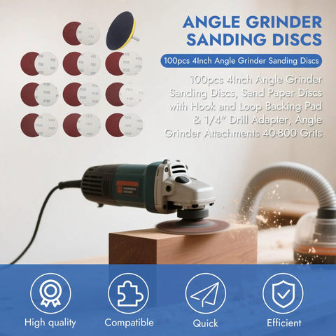 Angle grinder sanding wooden surface with 4 Inch Angle Grinder Sanding Discs Kit, 100 Piece Adhesive Sandpaper Discs 40 to 800 Grit