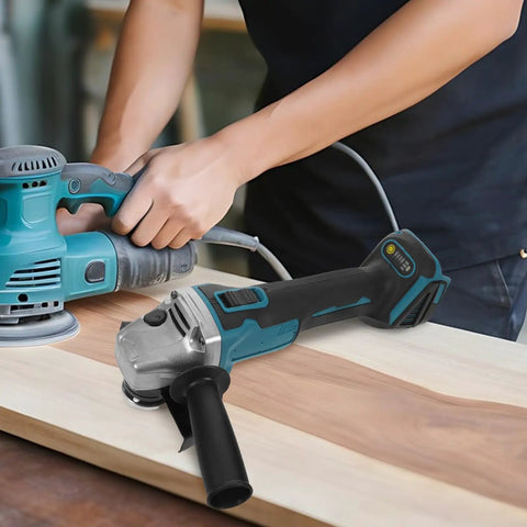 Cordless Angle Grinder Kit With High Speed Metal Cutting And Polishing Rechargeable Battery Lightweight Plastic Construction Pro Grade Tool For Metalwork And Finishing Projects, black and teal, with side handle