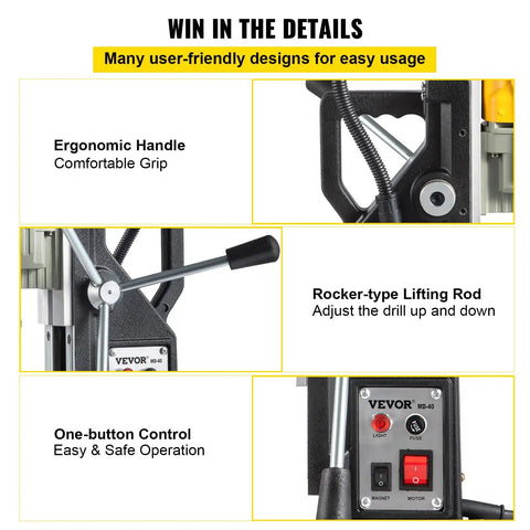 Close-up of Beefy Magnetic Drill Press 1100W With 1.6 Inch Boring Diameter showcasing handle and control panel.
