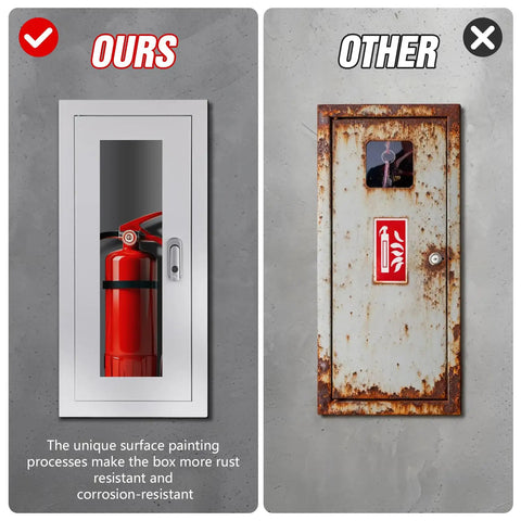 Comparison of Semi Recessed Fire Extinguisher Cabinet For 5-12 Lb Extinguishers, White Baked Enamel Steel Wall Mount With Lock And Full Clear Acrylic Door and a rusted alternative.