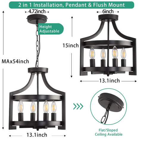 Farmhouse Rustic Black Pendant Light Chandelier, Adjustable Metal Lantern Ceiling Fixture For Kitchen Island, Dining Room, Living Room, Bedroom, Foyer And Entryway, Modern Farmhouse Lighting With Cozy Vibe