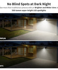 Comparison of backyard at night with solar outdoor wireless security camera with twelve 500 lumen LED spotlights, showing brightness levels.